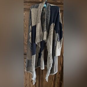 Cozy Navy and Grey  Open-Front Fringe Women's Sweater Cardigan Sz M